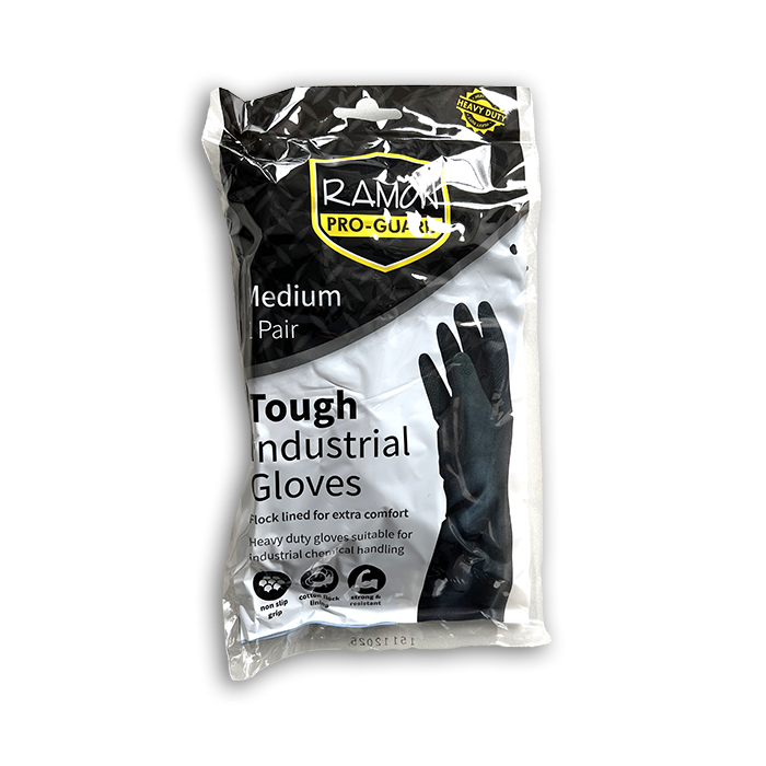 INDUSTRIAL STRENGTH BLACK RUBBER GLOVES - MEDIUM