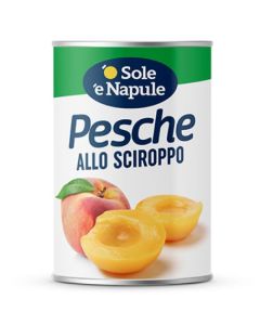 Peach halves sourced and produced in Italy, packed in syrup in glass tin-gr-o-sole-e-napule. 